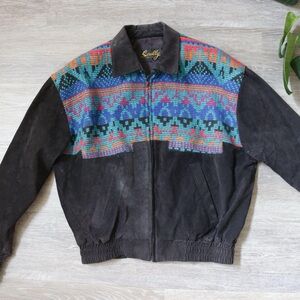 Scully black suede leather zip up bomber jacket with tapestry detail